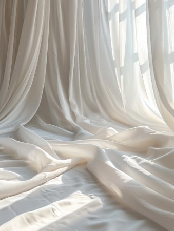 White curtain on the bed in the morning, interior design concept.の素材