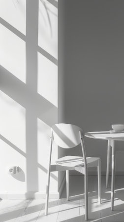 white chairs and table on the white wall background, minimalistic conceptの素材