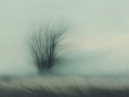abstract image of a tree in a foggy field in winterの素材