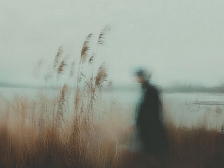 Blurred image of a woman standing on the shore of a lake.の素材
