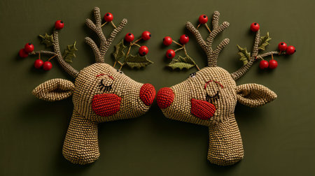 Christmas reindeer decoration on blackboard background, flat lay.の素材