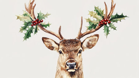 Watercolor portrait of a deer with antlers and holly berries.の素材