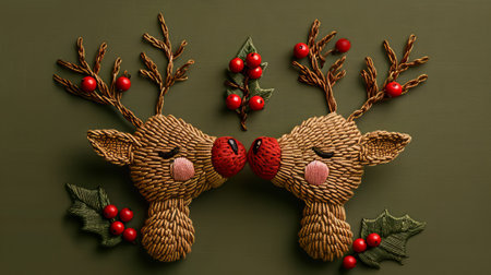 Christmas reindeer couple with red berries and mistletoe on green backgroundの素材