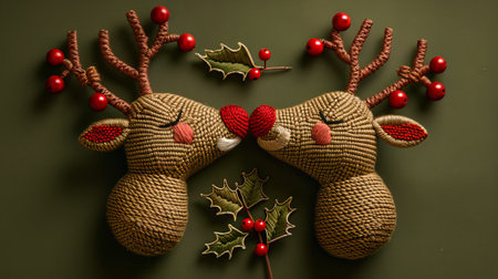 Christmas decoration with reindeer and red berries on a green backgroundの素材