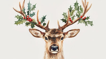 Watercolor Christmas deer with mistletoe on white background.の素材