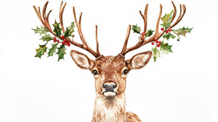 Christmas deer with holly on white background. Watercolor illustration.の素材