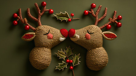 Christmas reindeer with red hearts on green background, top viewの素材