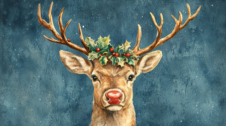 Christmas deer with Christmas wreath on his head. Watercolor illustration.の素材