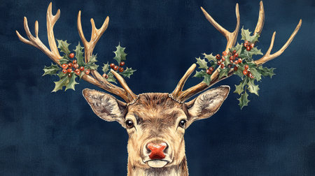 Christmas deer with big antlers and red berries on dark background.の素材
