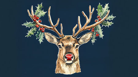 Watercolor Christmas reindeer with red nose. Hand drawn illustrationの素材
