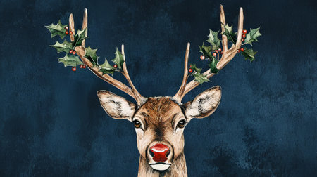 Christmas and New Year deer with red heart on dark blue background.の素材