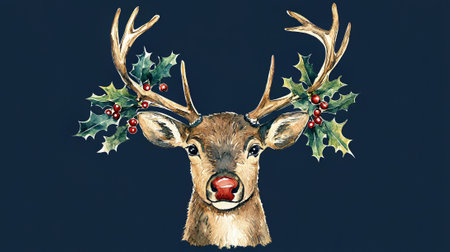 Watercolor Christmas reindeer with holly on dark blue backgroundの素材