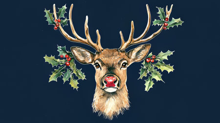 Illustration of a reindeer with red berries on a blue backgroundの素材
