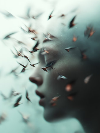 Close-up portrait of a beautiful young woman with abstract fish in her hairの素材