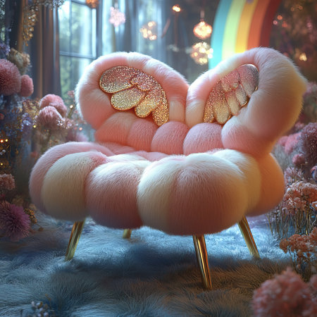 3D render of a fur sofa in a fairy-tale forestの素材