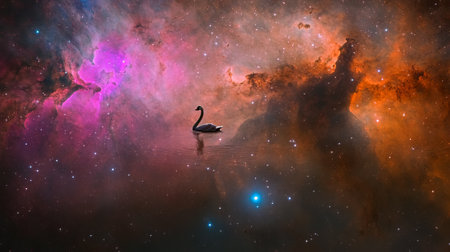 Swan swimming in the water against the background of a colorful galaxy.の素材