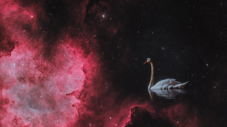 Swan swimming in the starry space. 3D rendering.の素材