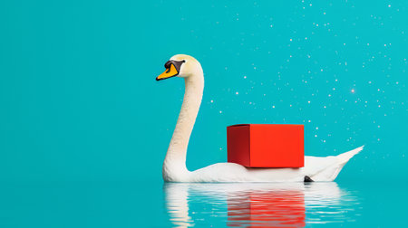 White swan with a red box on a turquoise backgroundの素材
