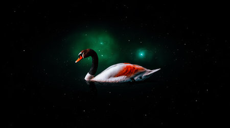 Beautiful swan swimming in the night starry sky. Elements of this image furnished by NASAの素材
