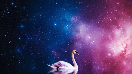 Beautiful swan on the background of the night sky with starsの素材
