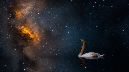 Swan swimming in the night sky with clouds and stars. 3D renderingの素材