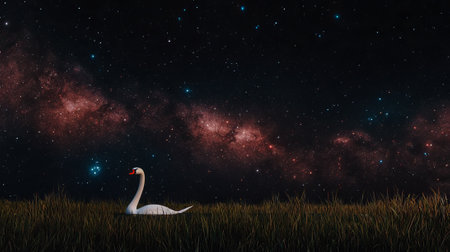3D rendering of a white swan sitting on grass under the milky wayの素材
