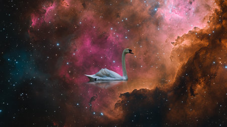 White swan on a background of colorful outer space. 3D renderingの素材