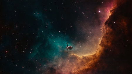 Swan floating in space surrounded by stars and nebula. 3D renderingの素材