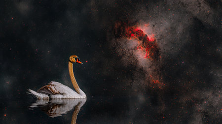 Beautiful swan swimming on a lake at night with fire in the backgroundの素材