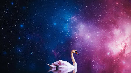 Beautiful swan swimming in night sky with stars and nebulaの素材