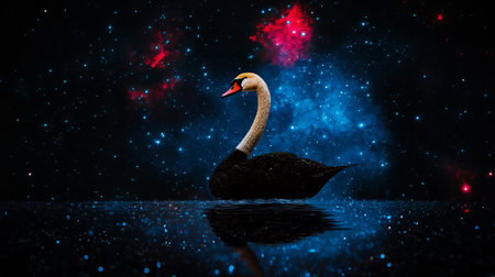 Black swan swimming in the night sky. 3d rendering.の素材