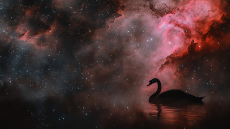 Black swan swimming in the night sky. 3D rendering.の素材