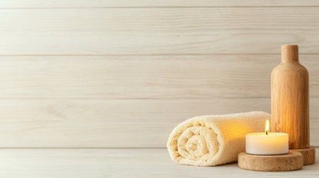 Spa still life with candle and towels on light wooden background.の素材