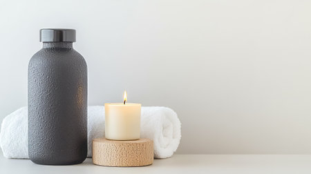 Spa still life with black bottle, candle and towel on white backgroundの素材