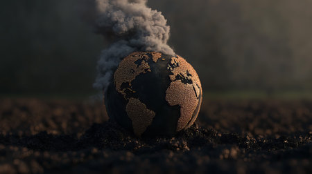 Global warming concept. Earth planet in smoke. 3D illustration.の素材
