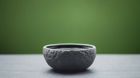 Japanese tea ceremony in a traditional ceramic bowl on a green background.の素材