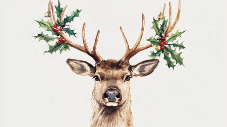 Christmas deer with reindeer antlers and holly berries.の素材