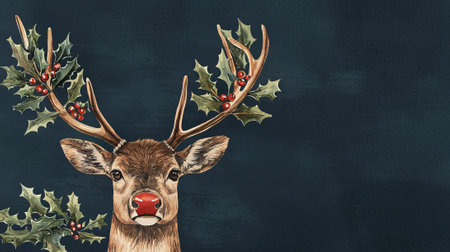Christmas greeting card with deers and holly berries on a dark background.の素材