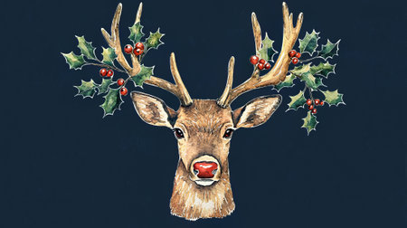 Watercolor Christmas illustration of a deer with holly berries on a dark background.の素材