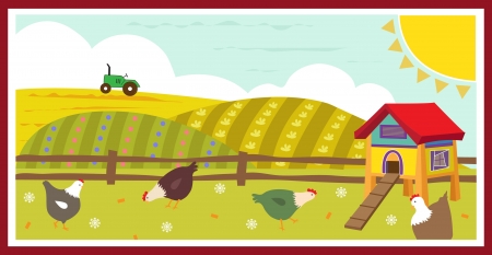 Chickens in the Field - Cute Vector illustration of chickens in the field and a chicken coop. のイラスト素材