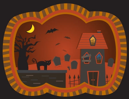 The Graveyard House - vector illustration of a spooky house, graveyard, bats and a black catのイラスト素材