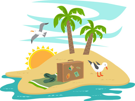 Island Vacation - Cartoon island with seagulls, trees and vacation items  Eps10のイラスト素材