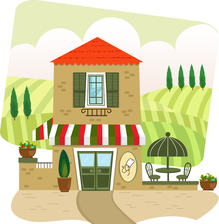 Italian Restaurant - Cartoon illustration of an Italian restaurant and landscape in the background   のイラスト素材