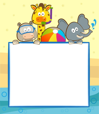 Animal Pool Banner - Cute animals with snorkel, goggles and a beach ball holding a blank banner  のイラスト素材