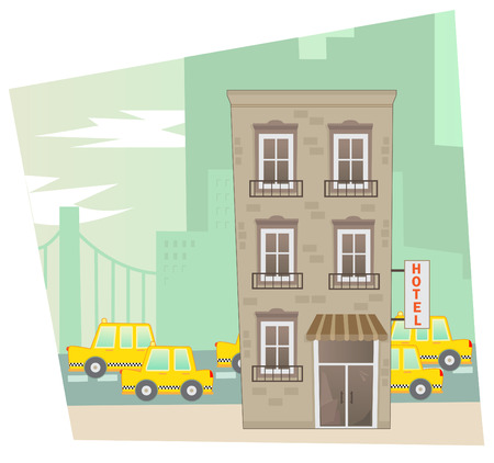 Hotel - A city scene of a cute hotel in the front and a street view in the background のイラスト素材