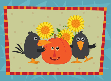 Fall Friends With Background - Cute crows are standing next to a smiling pumpkin and sunflowers. のイラスト素材