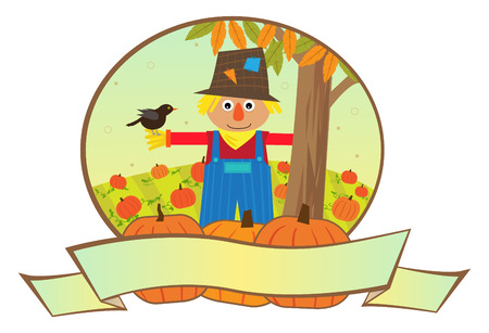Scarecrow Banner - Cute scarecrow is standing in a pumpkins patch, with a blank banner in the front. のイラスト素材
