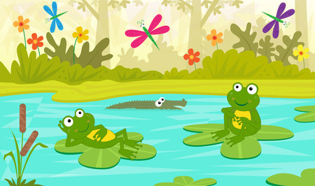 At The Pond - Two cute frogs are sitting on water lilies and looking at colorful dragonflies. Eps10のイラスト素材