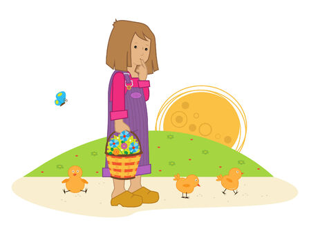 Spring Girl - Cute girl holding a basket with flower is standing next to three chicks. Eps10のイラスト素材