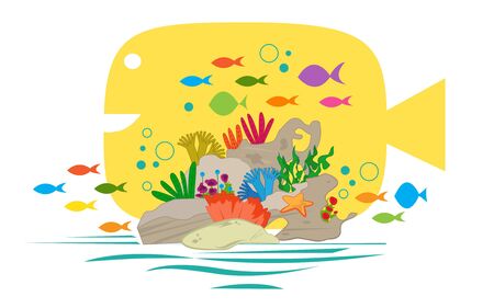 Coral - Coral reef clip art with colorful small fish and a big yellow fish in the background. Eps10のイラスト素材